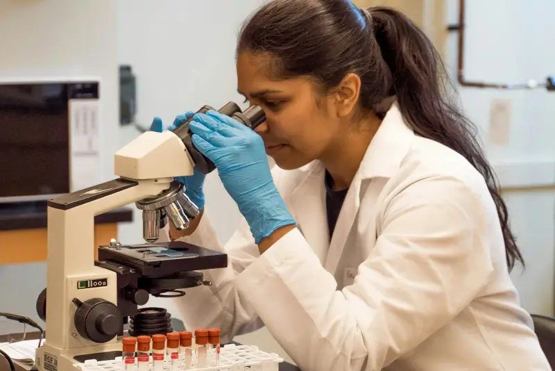 A lab scientist in gloves works at a microscope next to sample tubes.